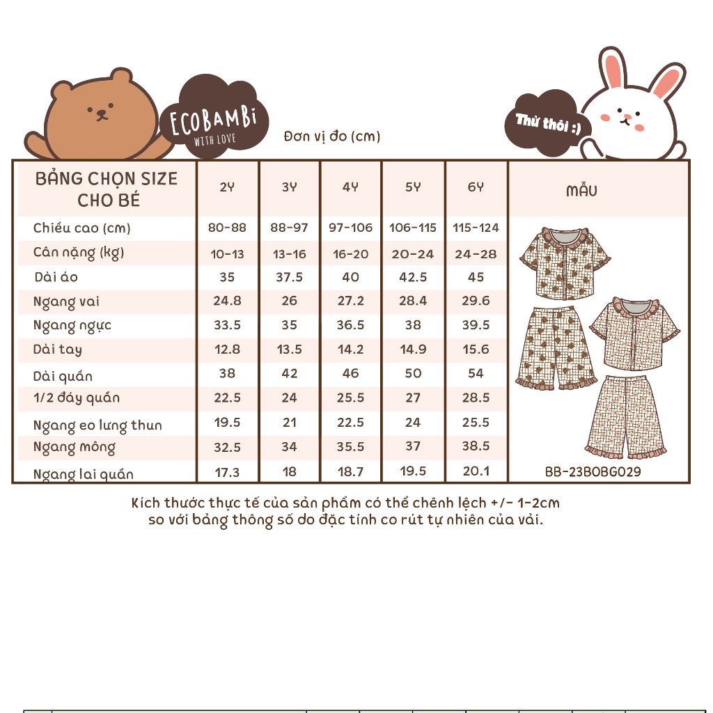 Pyjama muslin cổ phối bèo xinh xắn in hoạ tiết gấu dâu và gấu nâu cho bé gái - BB-23BOBG029