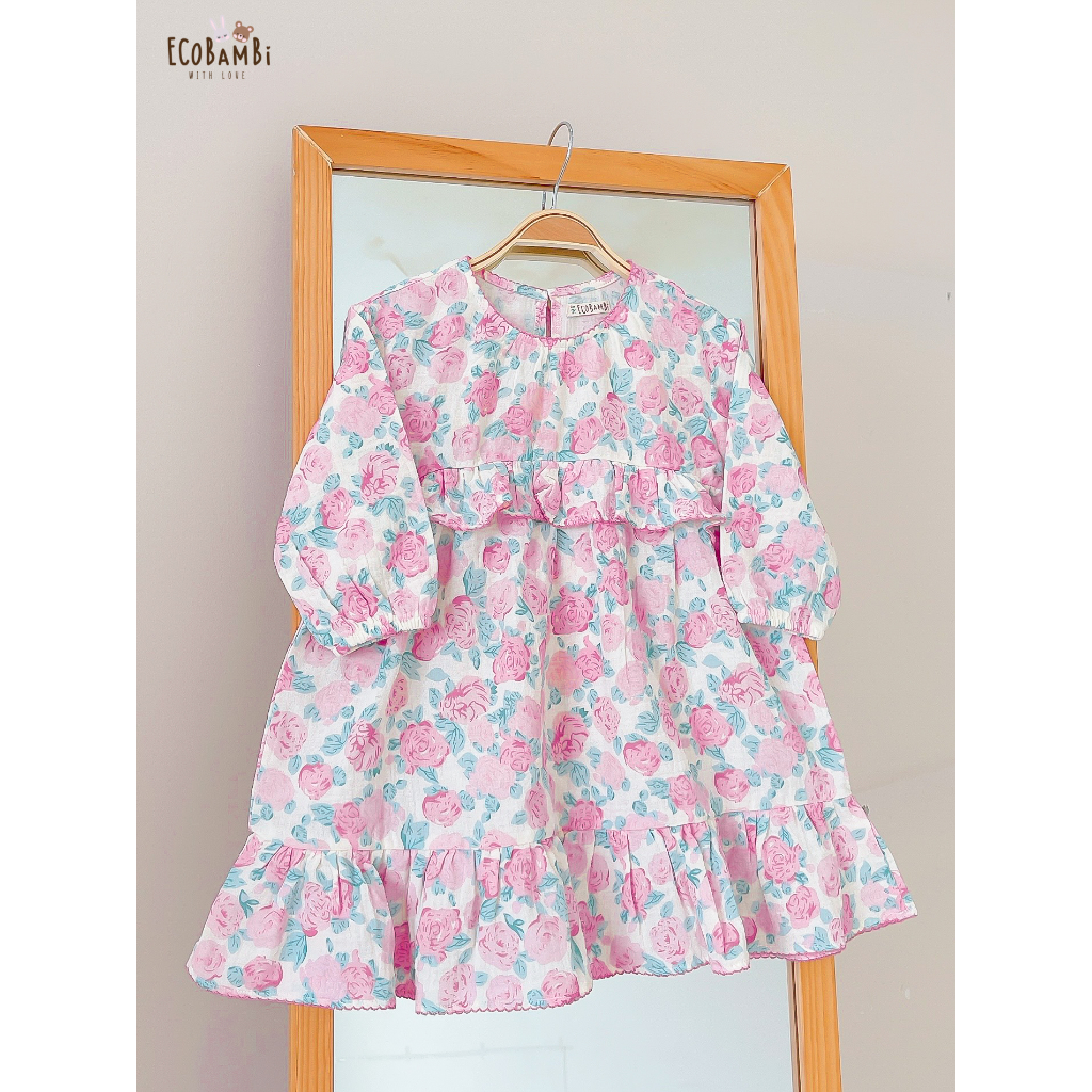 Đầm xoè xô Muslin tay dài - 2 tầng bèo hoạ tiết hoa đậm chất phong cách vintage bé gái - BB-23DAMBG040