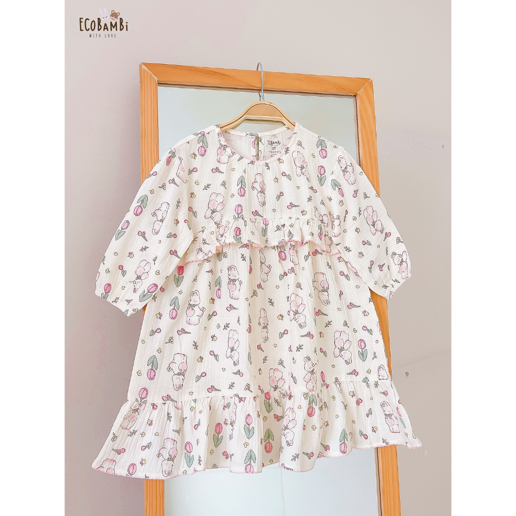 Đầm xoè xô Muslin tay dài - 2 tầng bèo hoạ tiết hoa đậm chất phong cách vintage bé gái - BB-23DAMBG040