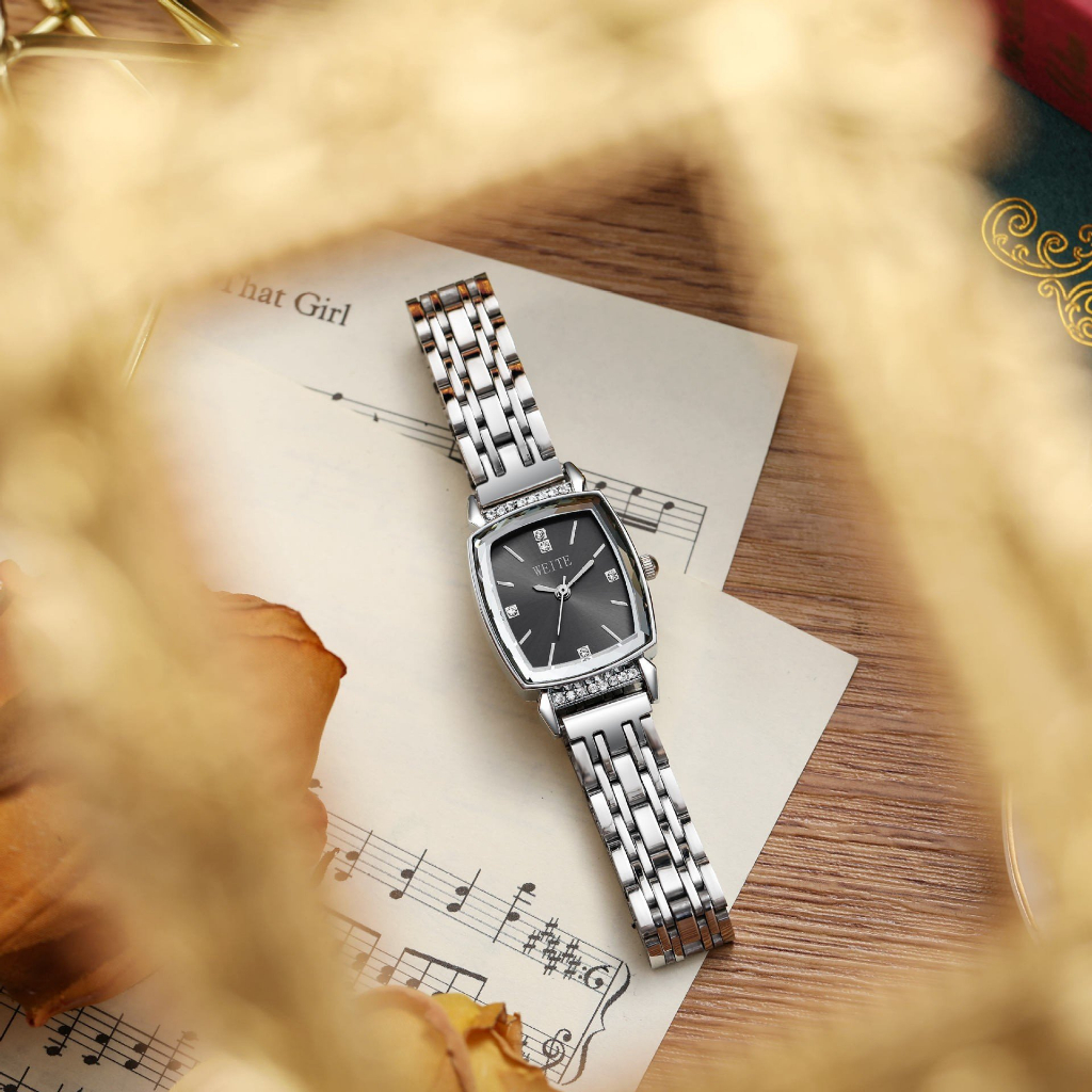 Đồng hồ nữ MEIBO mặt vuông dây kim loại đính đá sang trọng đường kính 24mm