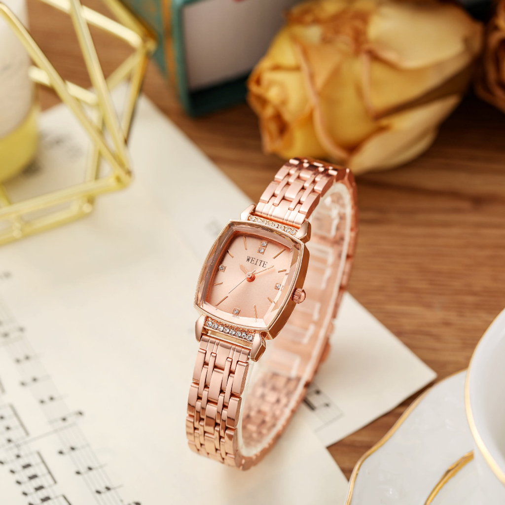 Đồng hồ nữ MEIBO mặt vuông dây kim loại đính đá sang trọng đường kính 24mm