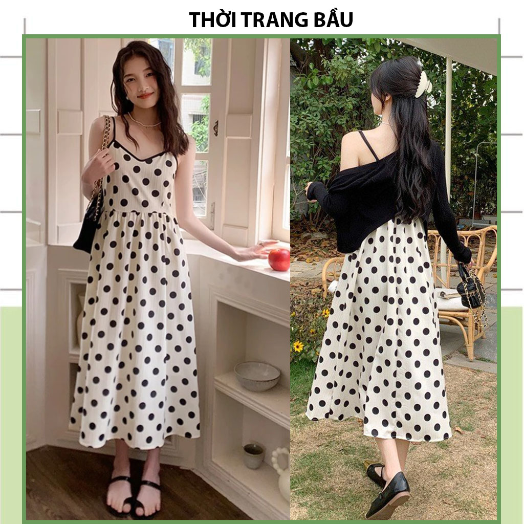 [V467] SET VÁY ĐẦM 2 DÂY CHẤM BI KÈM ÁO LEN KHOÁC NGOÀI XINH XẮN-ĐẦM BẦU BABABY DOLL CÔNG SỞ DỰ TIỆC