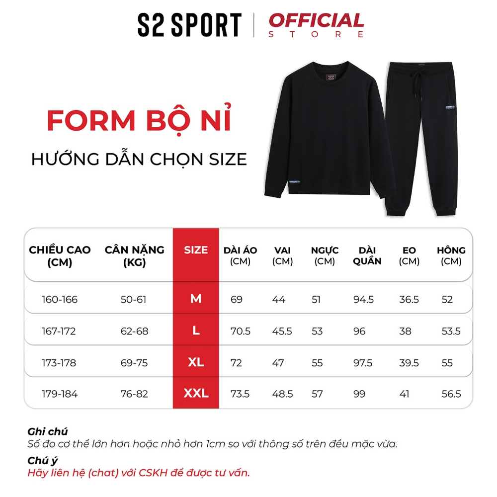 Bộ nỉ nam S2 SPORT SBNF01 áo sweater cotton USA cổ tròn dài tay in chữ mặc nhà phối quần jogger cạp chun bo gấu