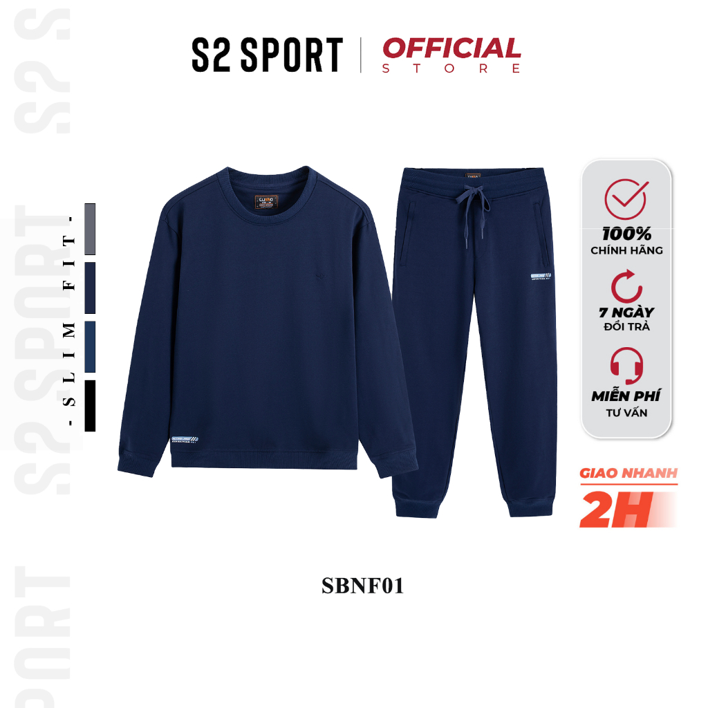 Bộ nỉ nam S2 SPORT SBNF01 áo sweater cotton USA cổ tròn dài tay in chữ mặc nhà phối quần jogger cạp chun bo gấu