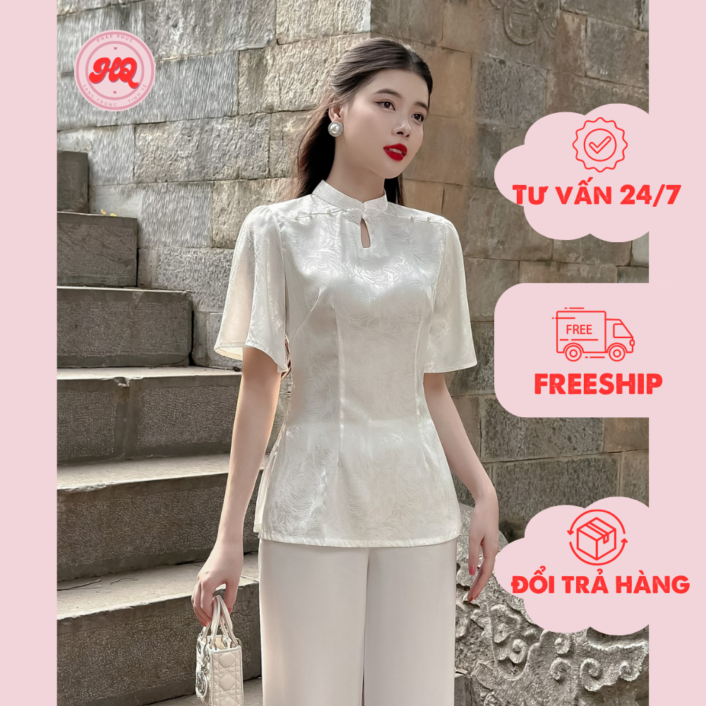 Bộ pháp phục đi chùa gồm áo lụa phối gấm và quần lụa mềm mại - PP13