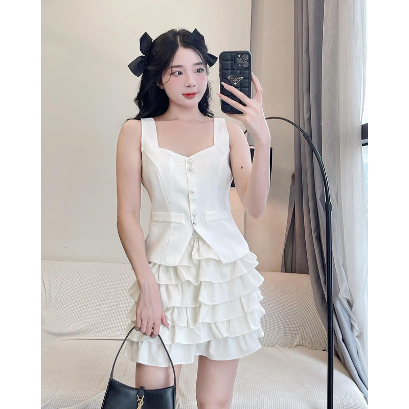 Set Ghile Dạ 2 Lớp Mix Chân Váy Bèo Tầng 2 Màu Kèm Ảnh Thật