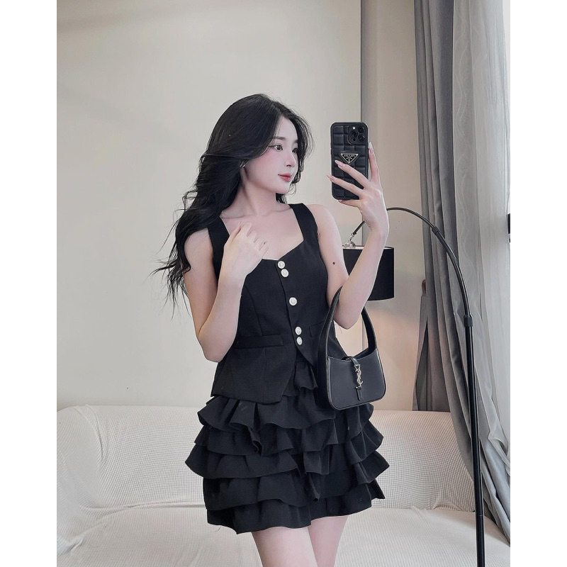 Set Ghile Dạ 2 Lớp Mix Chân Váy Bèo Tầng 2 Màu Kèm Ảnh Thật