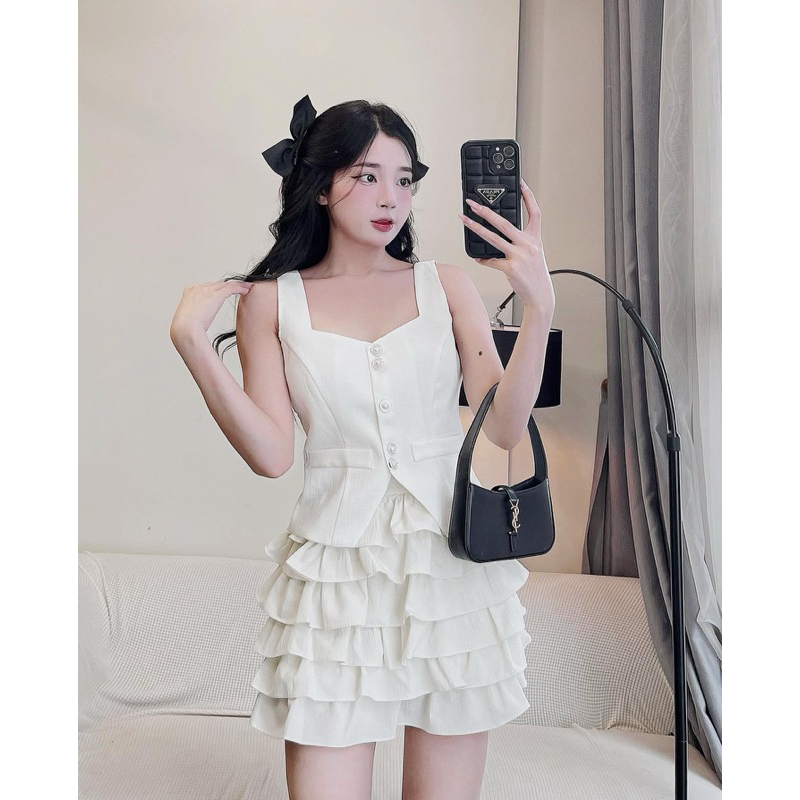 Set Ghile Dạ 2 Lớp Mix Chân Váy Bèo Tầng 2 Màu Kèm Ảnh Thật