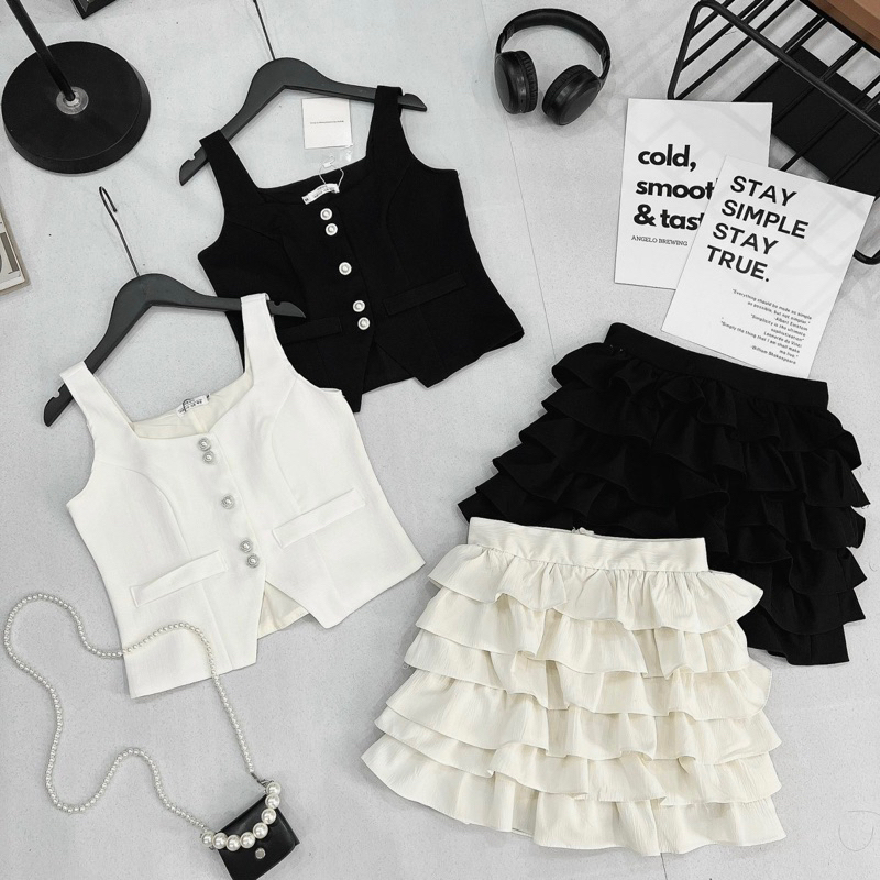 Set Ghile Dạ 2 Lớp Mix Chân Váy Bèo Tầng 2 Màu Kèm Ảnh Thật