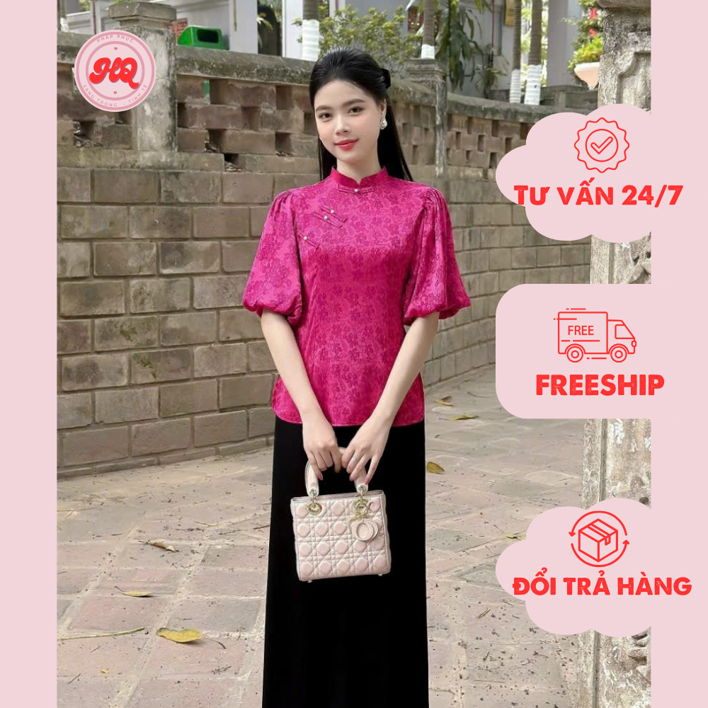 Bộ lam đi lễ chùa dành cho nữ phật tử màu hồng phối quần lụa đen cổ tàu tay bồng duyên dáng - PP02