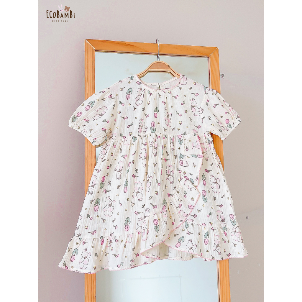 Đầm xoè xô Muslin tay ngắn - vạt chéo hoạ tiết đậm chất vintage bé gái - BB-23DAMBG045
