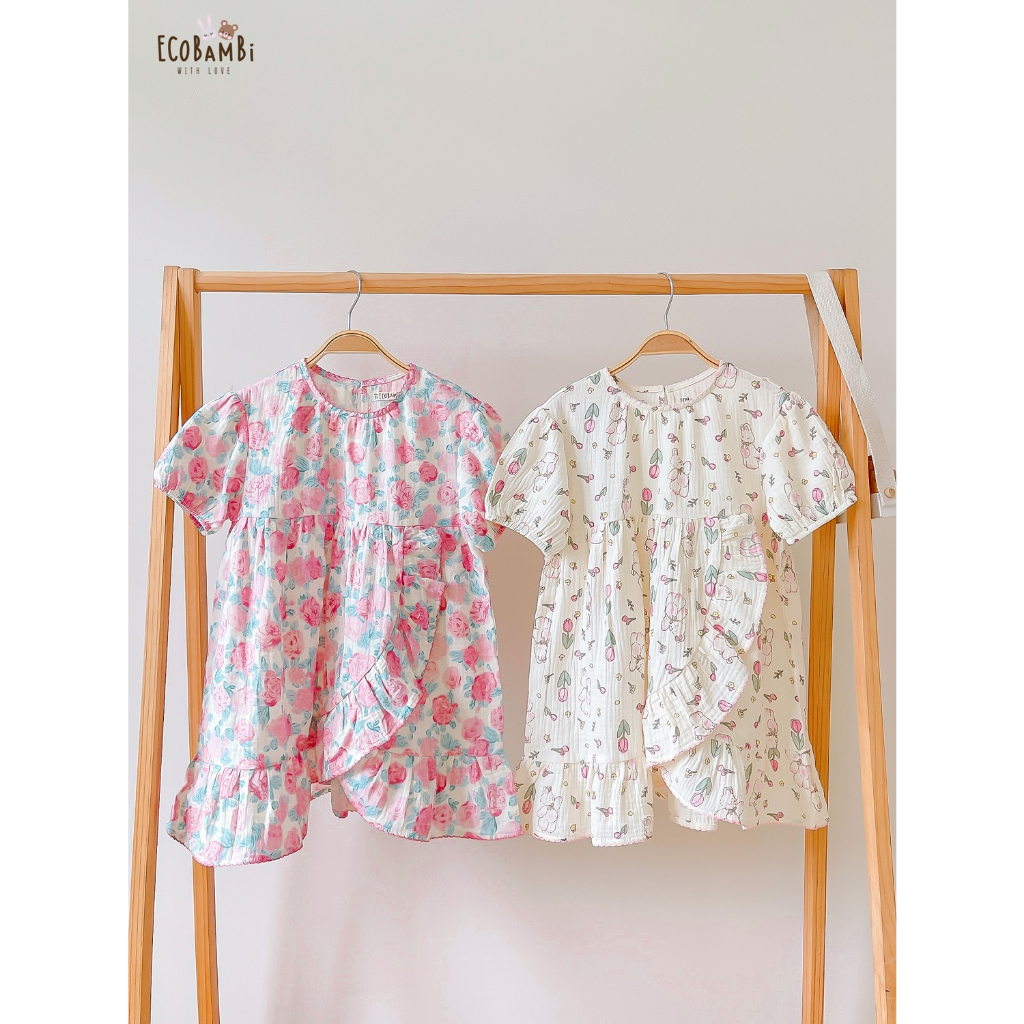 Đầm xoè xô Muslin tay ngắn - vạt chéo hoạ tiết đậm chất vintage bé gái - BB-23DAMBG045