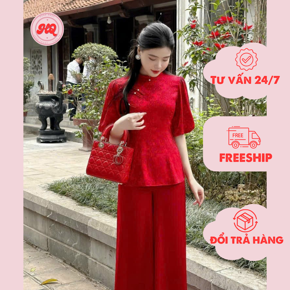 Pháp phục đi lễ chùa dành cho nữ phật tử màu đỏ nổi bật, sang trọng thiết kế tay bồng trẻ trung - PP19