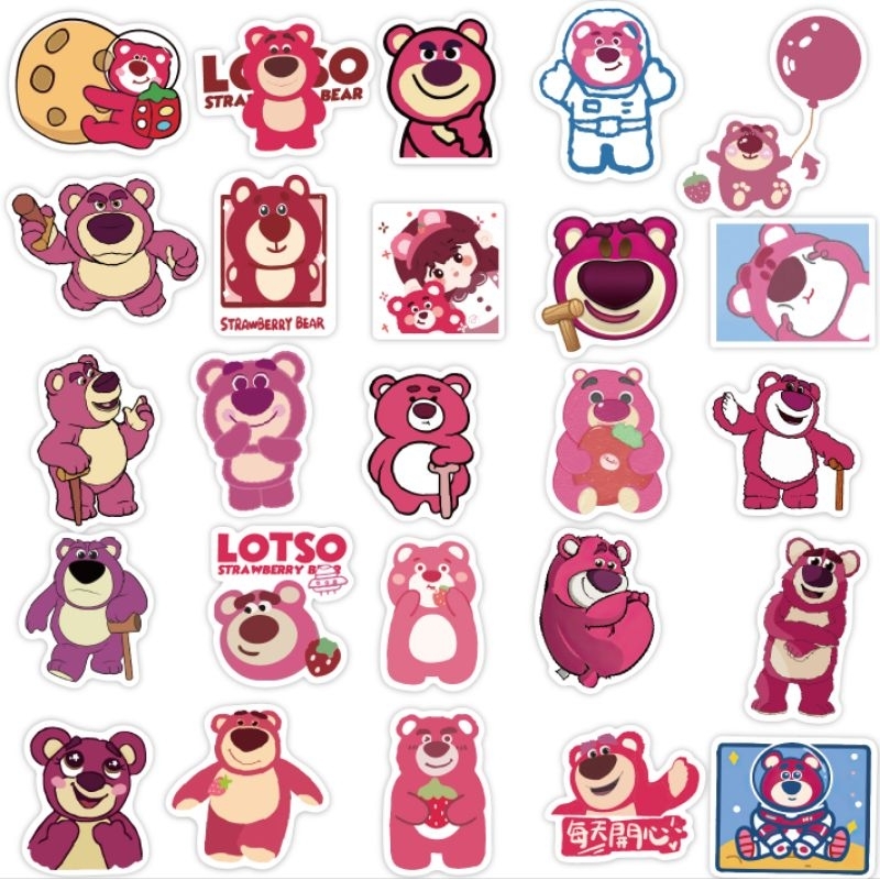 Bộ 50/100 hình dán sticker gấu dâu Lotso cute cho bé dán điện thoại, vali, laptop, mũ bảo hiểm, chất liệu decal cao cấp