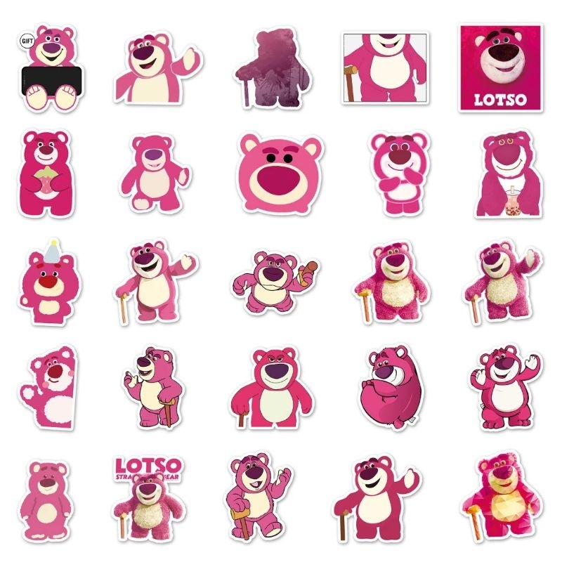 Bộ 50/100 hình dán sticker gấu dâu Lotso cute cho bé dán điện thoại, vali, laptop, mũ bảo hiểm, chất liệu decal cao cấp
