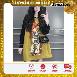 Áo thun phối màu hình cậu bé đội mũ, áo thun tay dài form rộng giấu quần