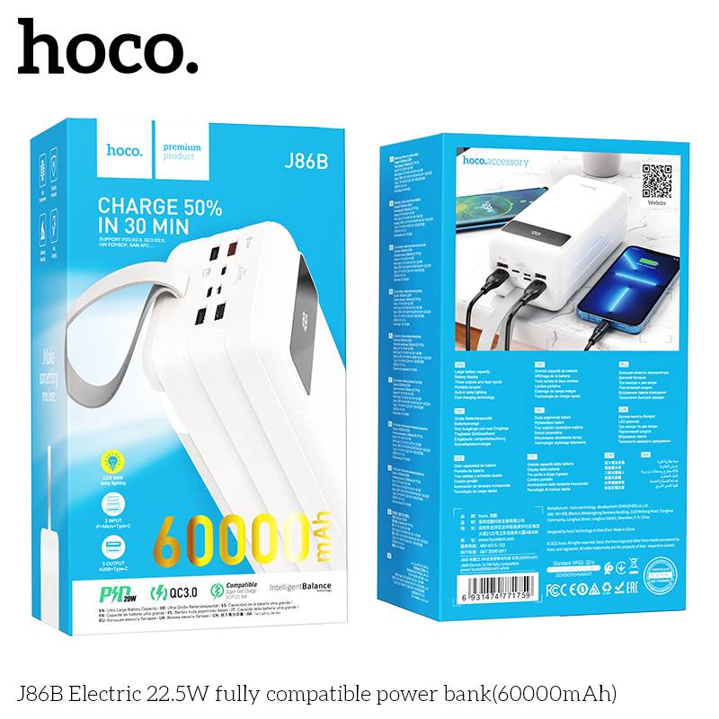 Pin dự phòng Hoco J86B 60000mAh QC 3.0 22.5W và TypeC PD 20W, Có đèn Led - Nhất Tín Computer