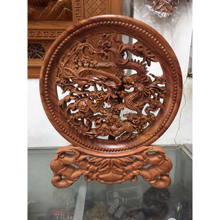Đĩa tứ linh gỗ hương liền khối nhiều kích thước kèm chân đế
