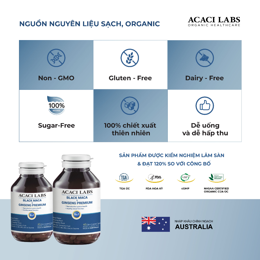 Viên uống Black Maca & Ginseng Premium Acaci Labs tăng cường sức khỏe nam giới 45 viên - ajaskinlab