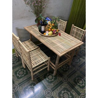Bộ bàn ghế tre chân cố định (60*1m1)+4ghế tựa thẳng dùng  cho quán ăn,nhà hàng,...