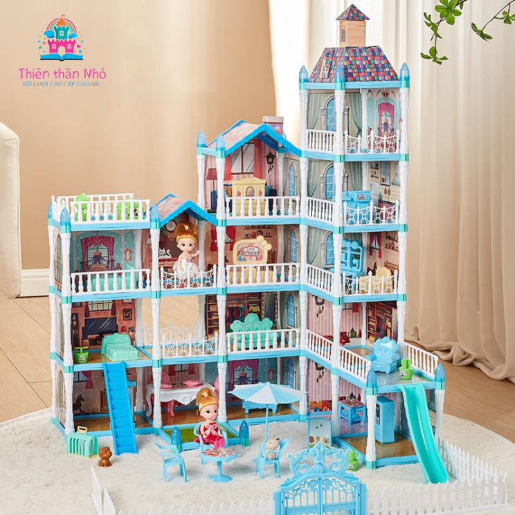 Bộ lắp ráp cỡ lớn mô hình biệt thự ngôi nhà búp bê cổ tích có dạ quang sáng phát đầy đủ nôi thất tiện nghi