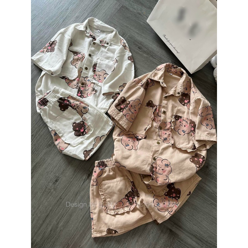 Set Jeans 3 Món Áo Quây + Sơ Mi Jeans Kaki In Hoạt Hình Gấu + Quần Short Đùi