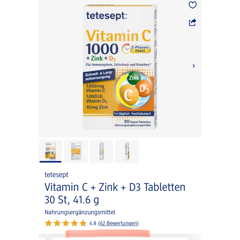 Vitamin C 1000 + KẼM + D3  hãng Tetesept, 30 viên
