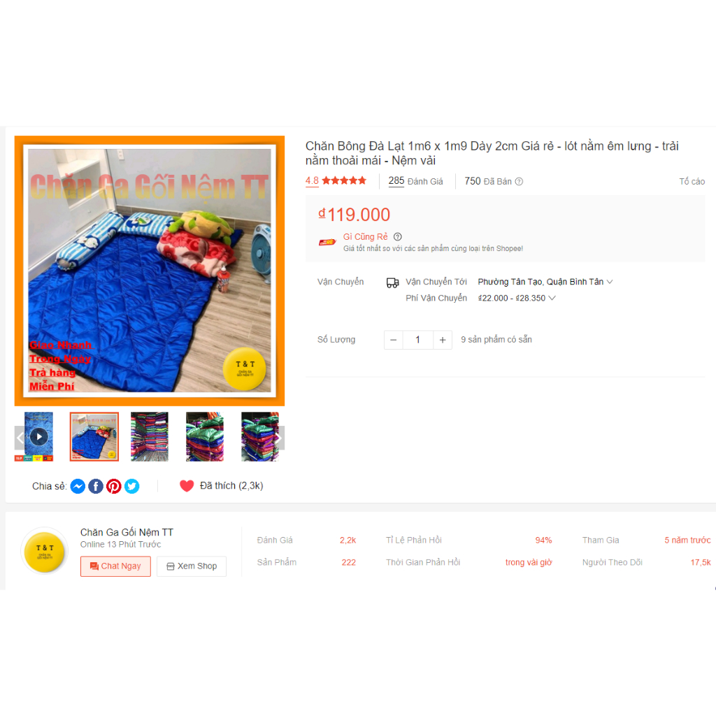 Chăn Bông Đà Lạt 1m6 x 1m9 Dày 2cm Giá rẻ - lót nằm êm lưng - trải nằm thoải mái - Nệm vải lót nằm