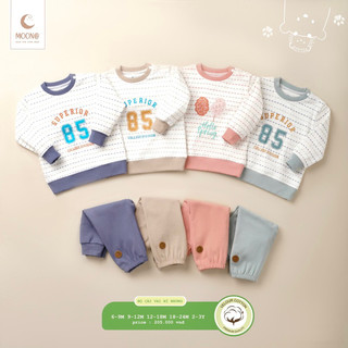 Bộ quần áo nỉ Moon cổ 3p, Moon cài vai cho bé trai, bé gái.