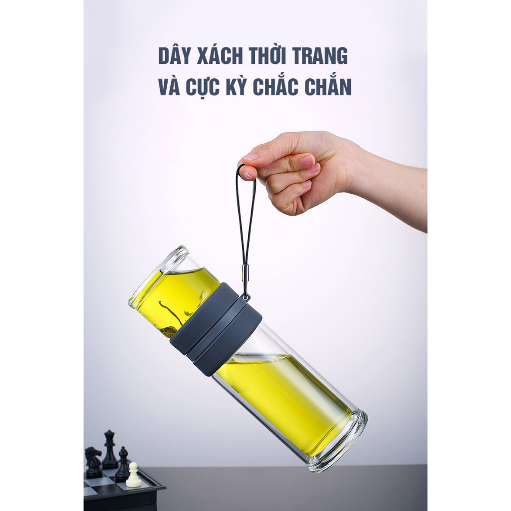 Bình Pha Trà Thủy Tinh Chịu Nhiệt, Chai Detox Có Dây Xách 520ml