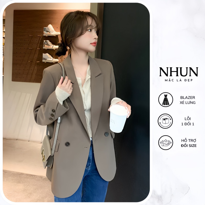 Áo blazer nữ dáng dài NhunFashion Áo vest nữ dài tay khoác ngoài thiết kế xẻ thẳng sau cúc viền túi nắp trẻ trung N131