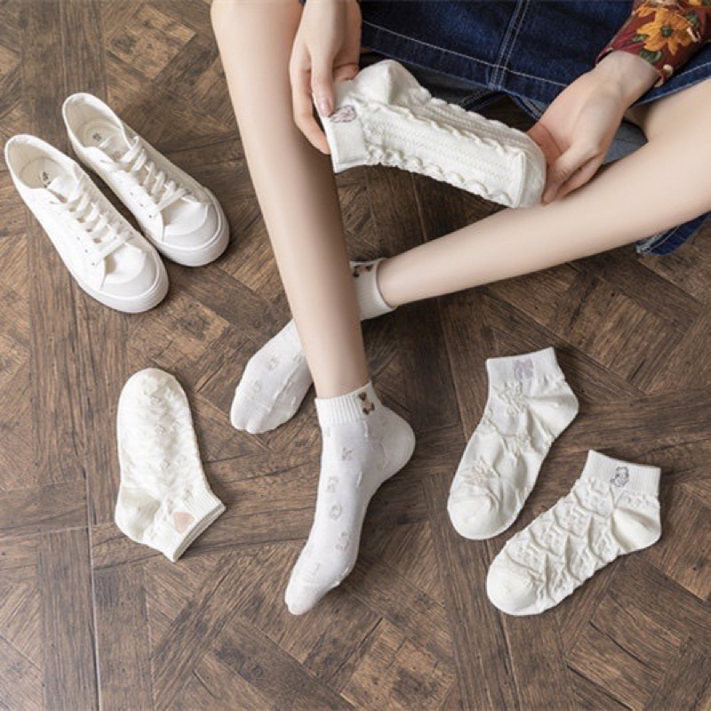 TÚI 10 ĐÔI TẤT GÂN TRẮNG HOẠ TIẾT CỔ NGẮN SIÊU XINH