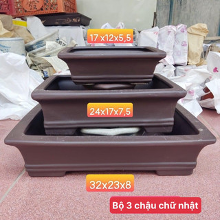 Bộ 3 chậu gốm mini bát tràng màu nâu