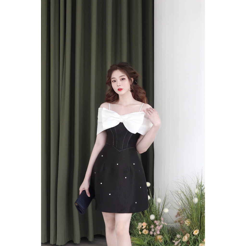 Đầm thiết kế WonderHouse 2 dây trễ vai phối nơ trắng tiểu thư dự tiệc sang chảnh - Lenci Dress