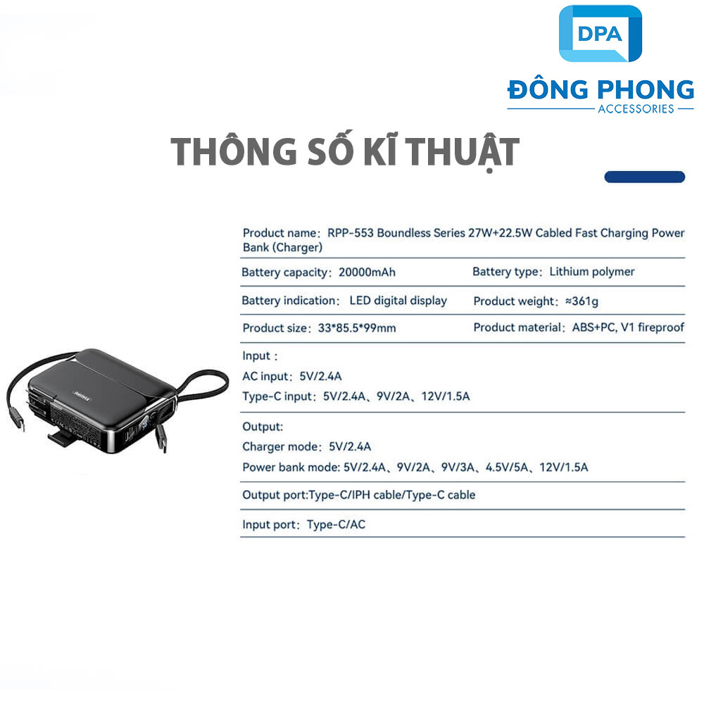 Pin Dự Phòng Remax RPP-553 20000mAh Chính Hãng Sạc Nhanh 27W Đa Năng