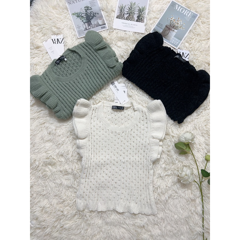 Áo len croptop tay bèo đen, be, xanh Zara xuất A231