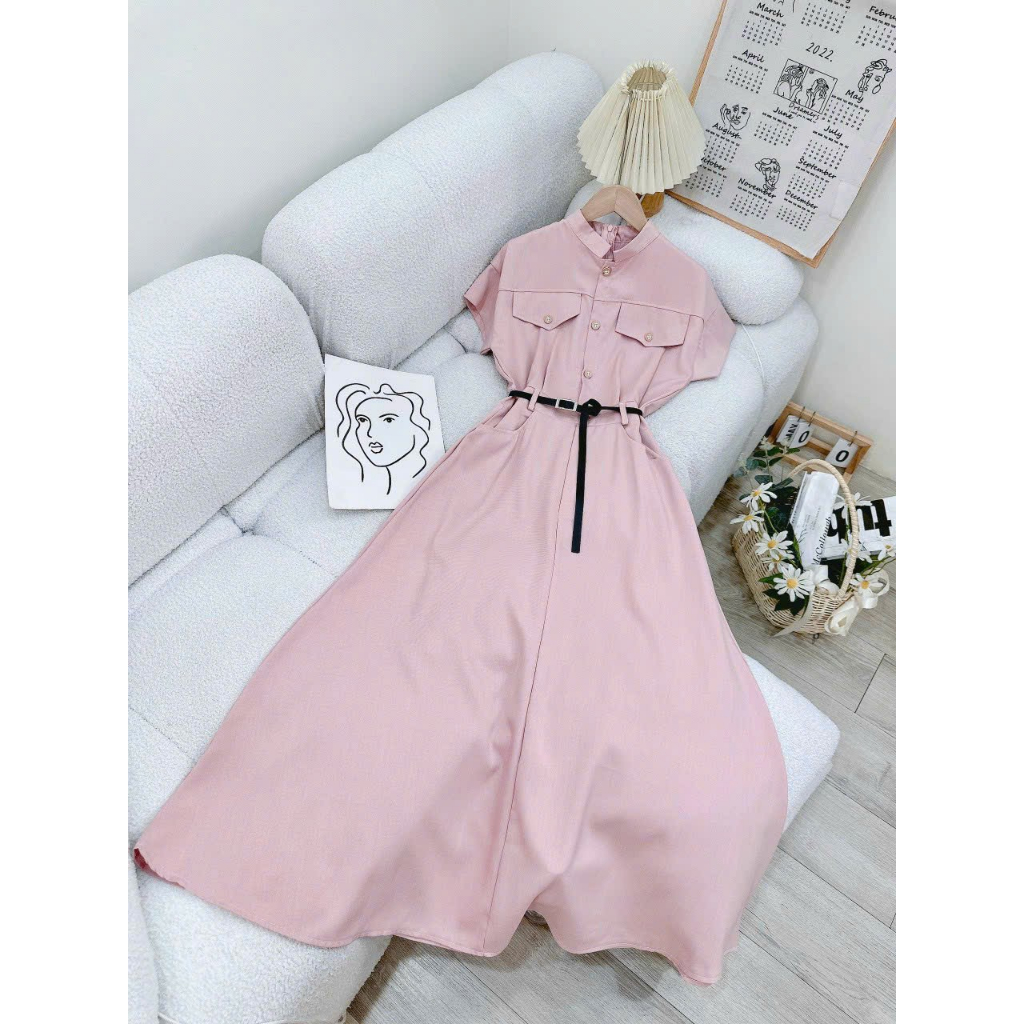 Đầm maxi sơ mi tay con kèm belt, đi làm đi chơi đều được