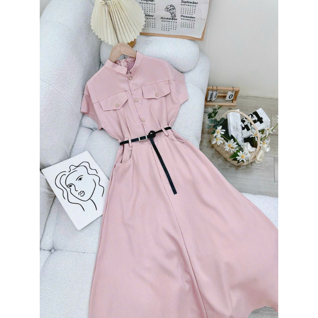 Đầm maxi sơ mi tay con kèm belt, đi làm đi chơi đều được