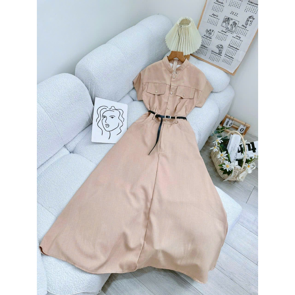 Đầm maxi sơ mi tay con kèm belt, đi làm đi chơi đều được