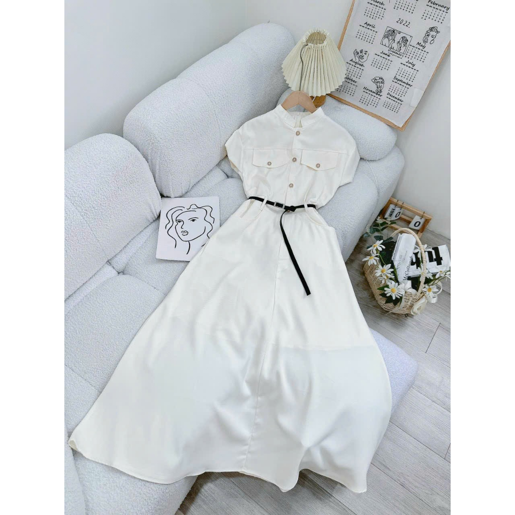 Đầm maxi sơ mi tay con kèm belt, đi làm đi chơi đều được