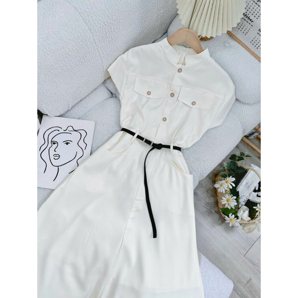 Đầm maxi sơ mi tay con kèm belt, đi làm đi chơi đều được