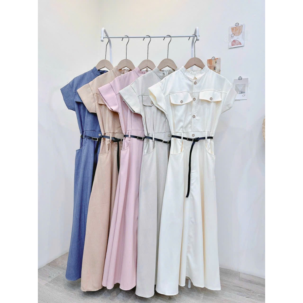 Đầm maxi sơ mi tay con kèm belt, đi làm đi chơi đều được