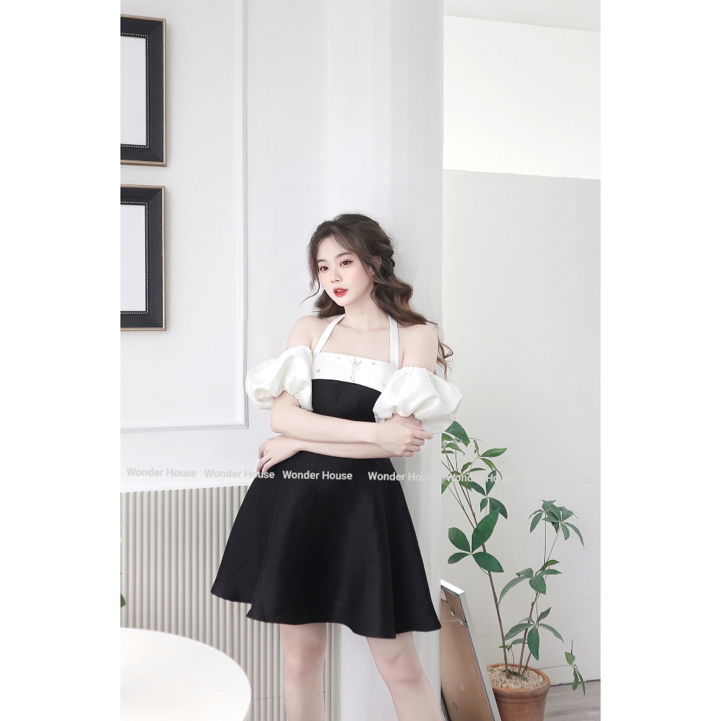 Đầm thiết kế WonderHouse cổ yếm tay bồng đen phối trắng tiểu thư cá tính - IVY DRESS