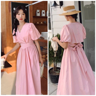 Đầm váy hồng nút sau hở eo buộc nơ thiết kế xinh xắn ( kèm ảnh thật )