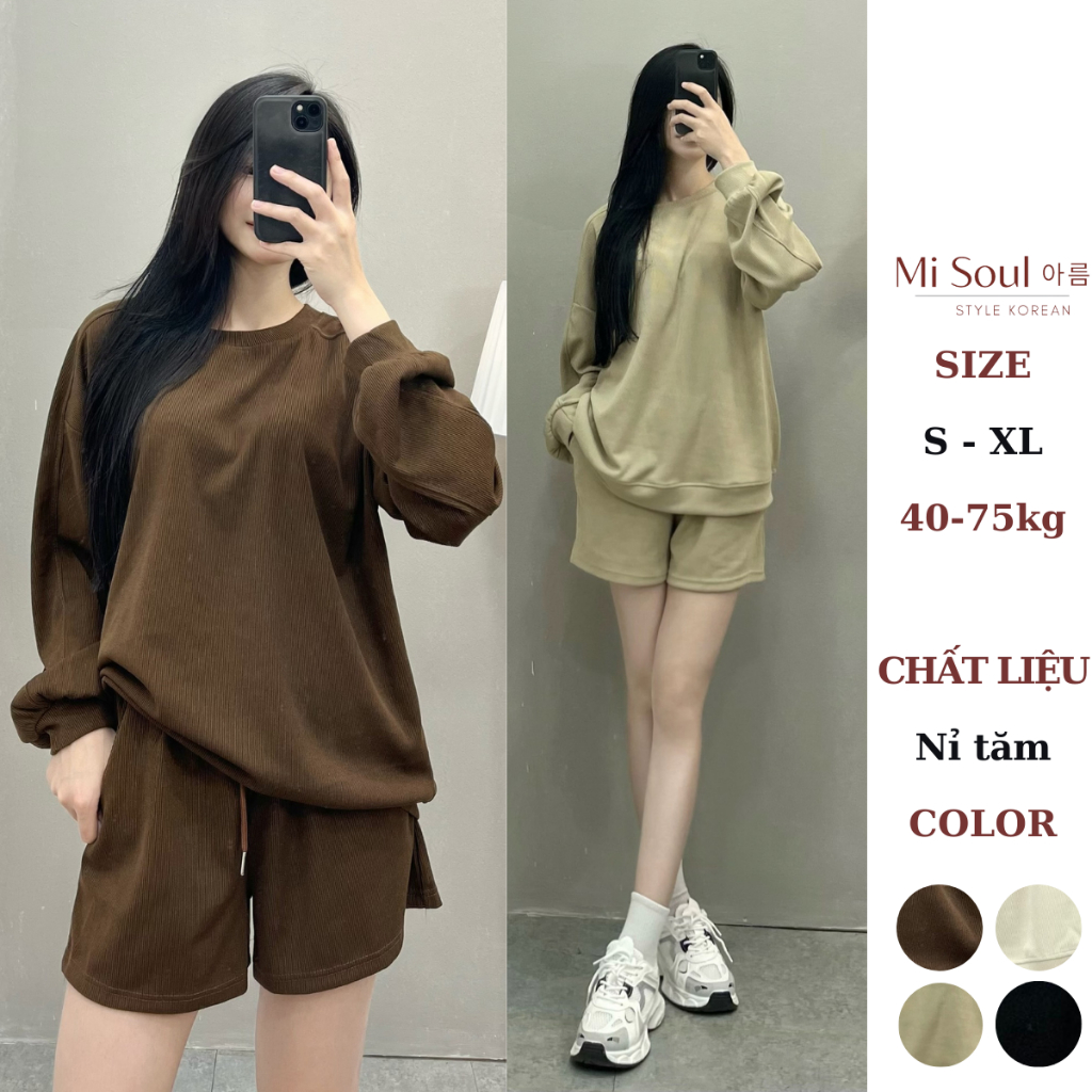 Set Bộ Nỉ Tăm Trơn BigSize Nữ MiSoul, Bộ Quần Áo Thu Đông BigSize Nữ Dài Tay Kèm Quần Sooc Cùng Màu 211