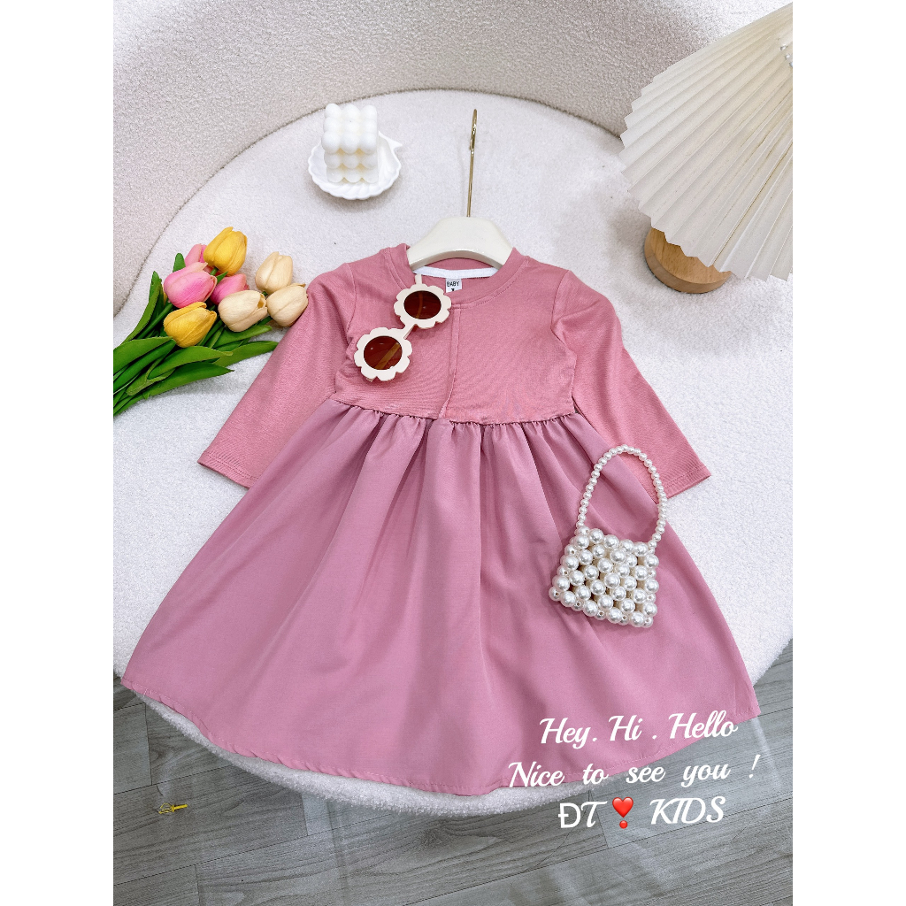 Váy bé gái - Đầm maxi dài tay 3 màu xinh xắn cho bé gái mặc đi học, đi chơi 8-28kg