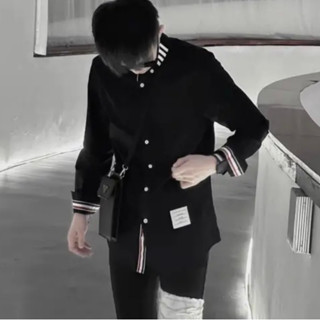 Áo sơ mi Thome nam nữ dài tay boy phố phối viền 3 sọc form đẹp chất vải dày dặn mẫu mới nhất Hót Trend