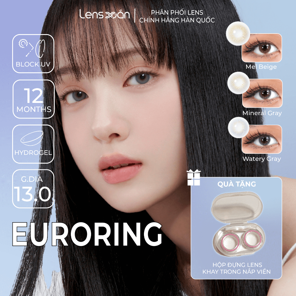 Kính áp tròng 12 tháng LENS XOẮN lens tây xám nâu có viền trong thu hút IDOL LENS EURORING MEL BEIGE WATERY MINERAL GRAY