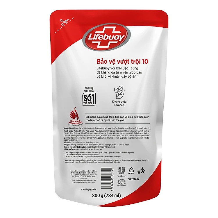 Sữa Tắm Lifebuoy Ion Bạc Chăm Sóc Da 1kg/Túi 800g