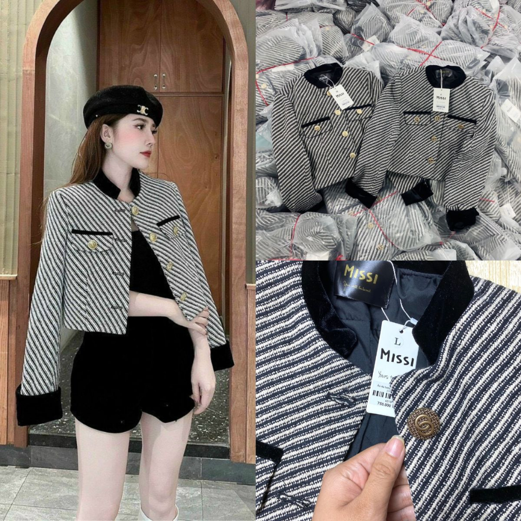 Áo Khoác Dạ Miss hàng 2lớp Áo tweed trắng đen Có Đệm Vai Kèm Video Áo khoác dạ phối tay nhung đi Đà Lạt